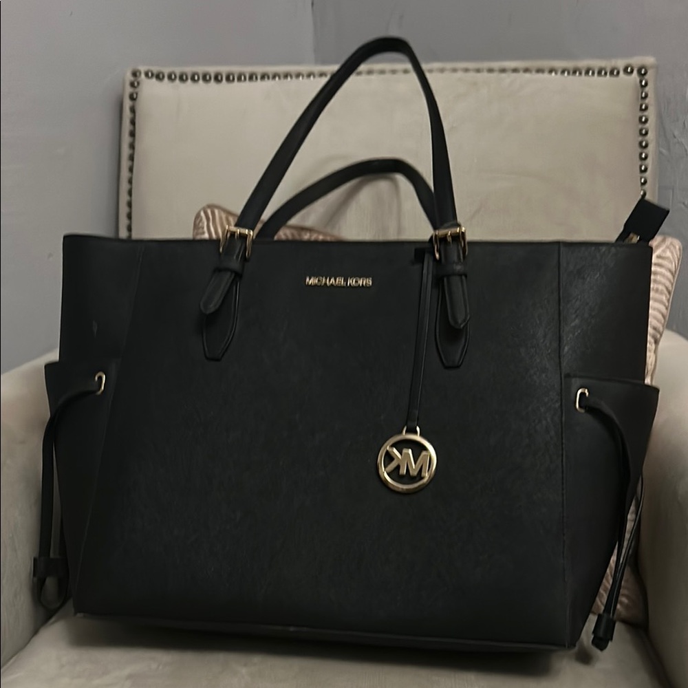 Michael Kors Black Leather Tote with MK Charm